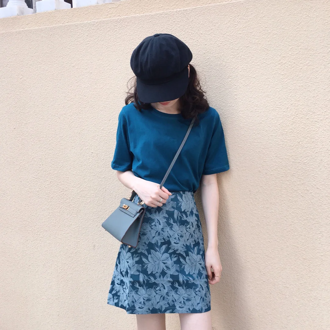 

LINED SKIRT women's summer 2021 new soft blue three-dimensional printing high waist slim A-line short skirt fashion