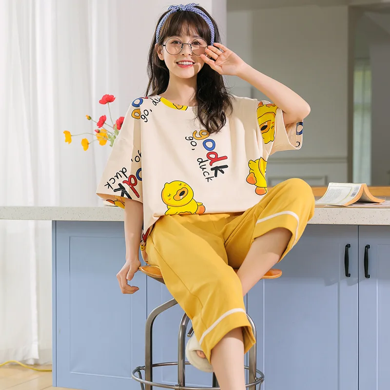 

Korean Summer Women's Pajamas Short Sleeve Capris Cute Cartoon Home Clothes Pants Can Be Worn Out Set pajama sets