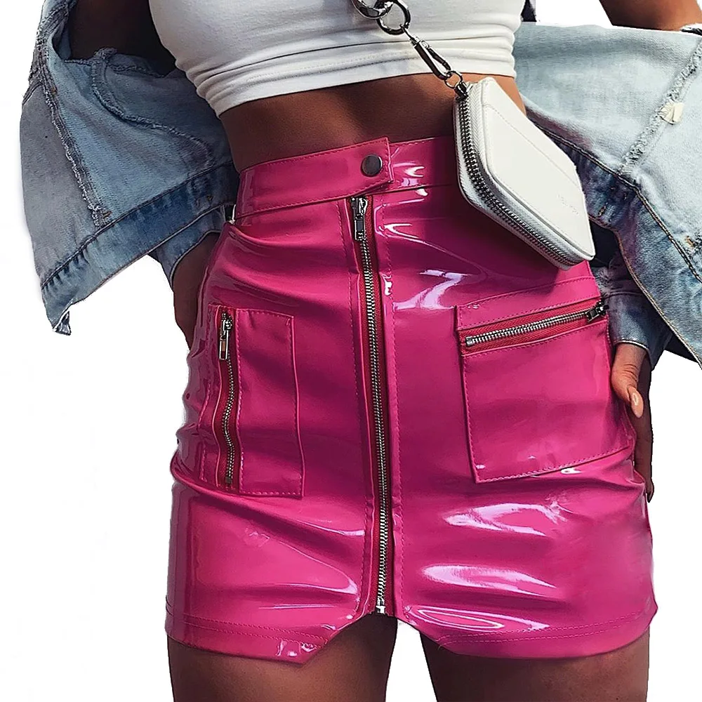 

Autumn Winter Mini Skirts Women 2020 jupe femme Pink Patent Leather Skirt Pencil Zipper Sexy Warp Hip High Waist Skirts Clubwear