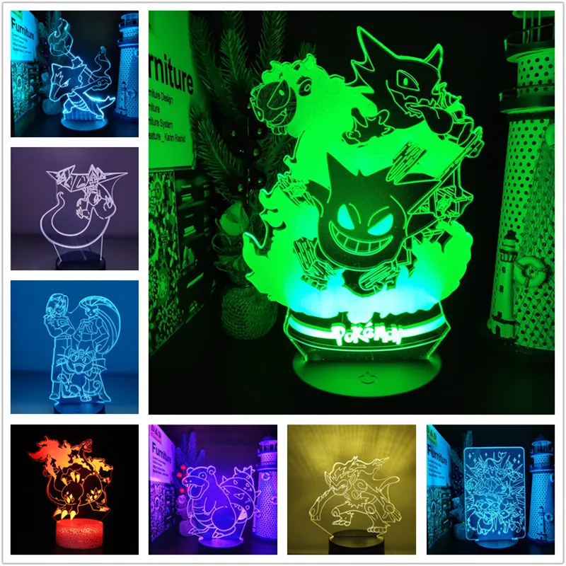 Pokemon Pikachu Night Light LED 3D Lampara Eevee Gengar Mewtwo Charizard Marowak Slowbro Pocket Monster Lamp Neon Decor Lights | Освещение