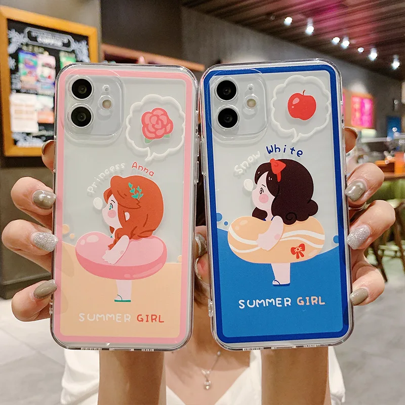 

Cartoon Swimming Ring Princess Case for iPhone 12 Mini 11 Pro Max X XR XS 6 7 8 Plus Cases for Women Transparent Soft Back Cover