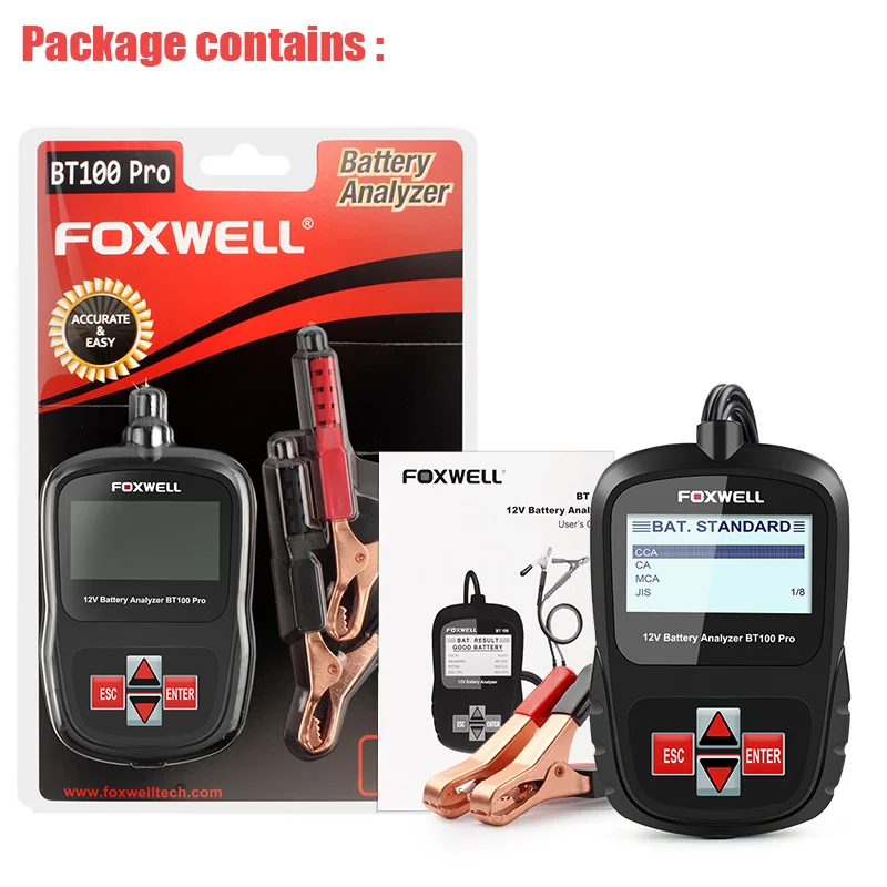 

FOXWELL BT100 Pro 12 В тестер автомобильного аккумулятора для свинцово-кислотных аккумуляторов AGM GEL 12 В цифровой анализатор аккумуляторов 100-1100CCA диагностические инструменты
