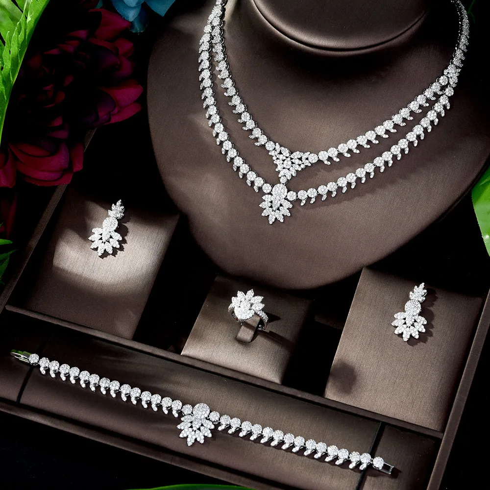 HIBRIDE Двухслойное ожерелье, серьги, кольцо, браслет, 4 шт. Micro CZ набор украшений для женщин, свадебные украшения, аксессуары N-1197