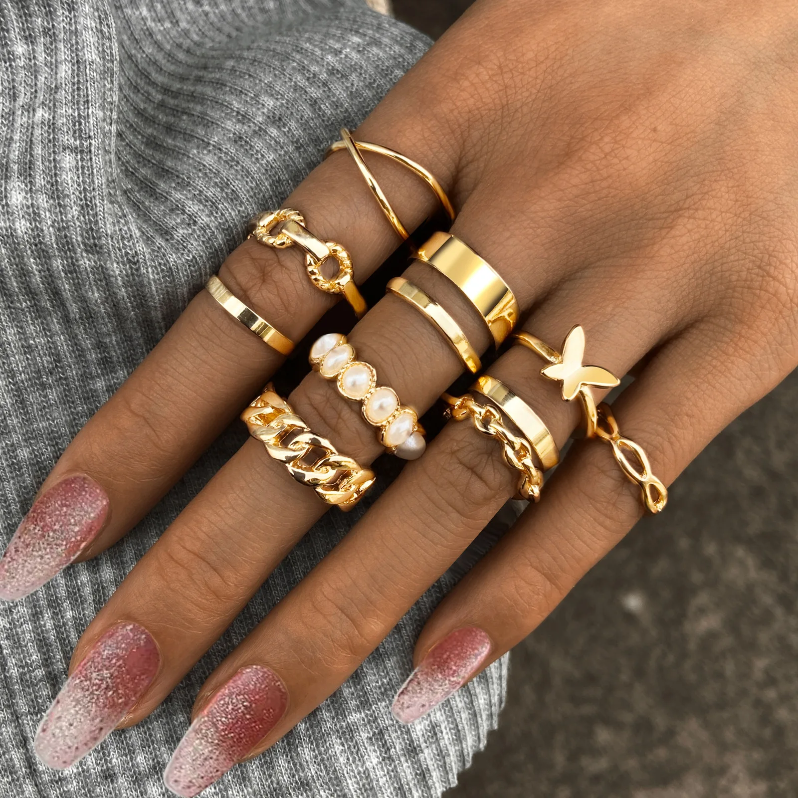 

10 Piece Suit Creativity Retro Mosaic Pearl Ring Vintage Golden Butterfly Punk Hip Hop Knuckle Ring For Women Men Jewelry Gift