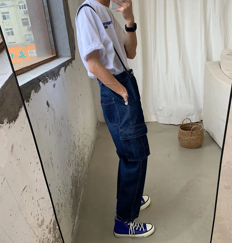 2021 Men Bib Overalls Denim Pants Casual Wash Loose Fashion Hip Hop Black Jeans Streetwear Jumpsuit Ankle Length