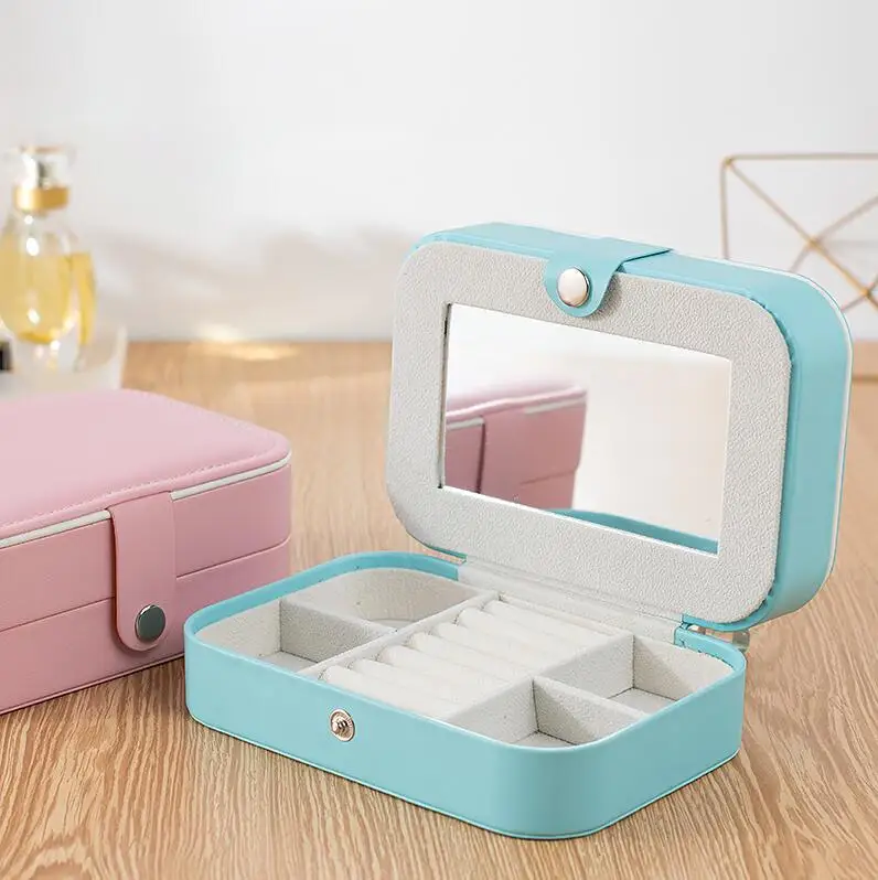 

Multifunction double layer jewelry box Popular stud storage box Small and portable jewelry case with mirror