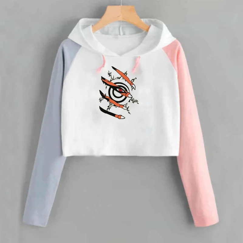 Harajuku аниме толстовки для женщин Наруто укороченная Толстовка Uchiha Uzumaki Hatake Eyes пуловер с рисунком толстовка хип хоп Уличная - Цвет: 1