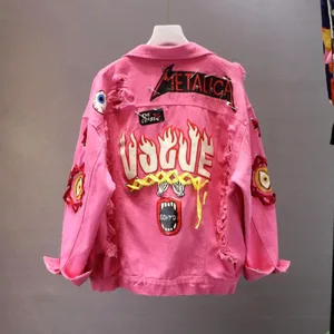 Женская джинсовая куртка, краснаяжелтая куртка из денима с принтом в виде граффити и алфавита, с кружевным бантом и перфорацией, Базовая куртка для студентов, весна-осень