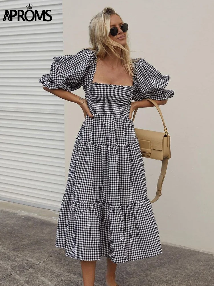 

Aproms Elegant Plaid Print Holiday Midi Dress Women 2022 Summer Bow Tie Shirred Chic Dresses Femme Casual A-line Loose Sundress