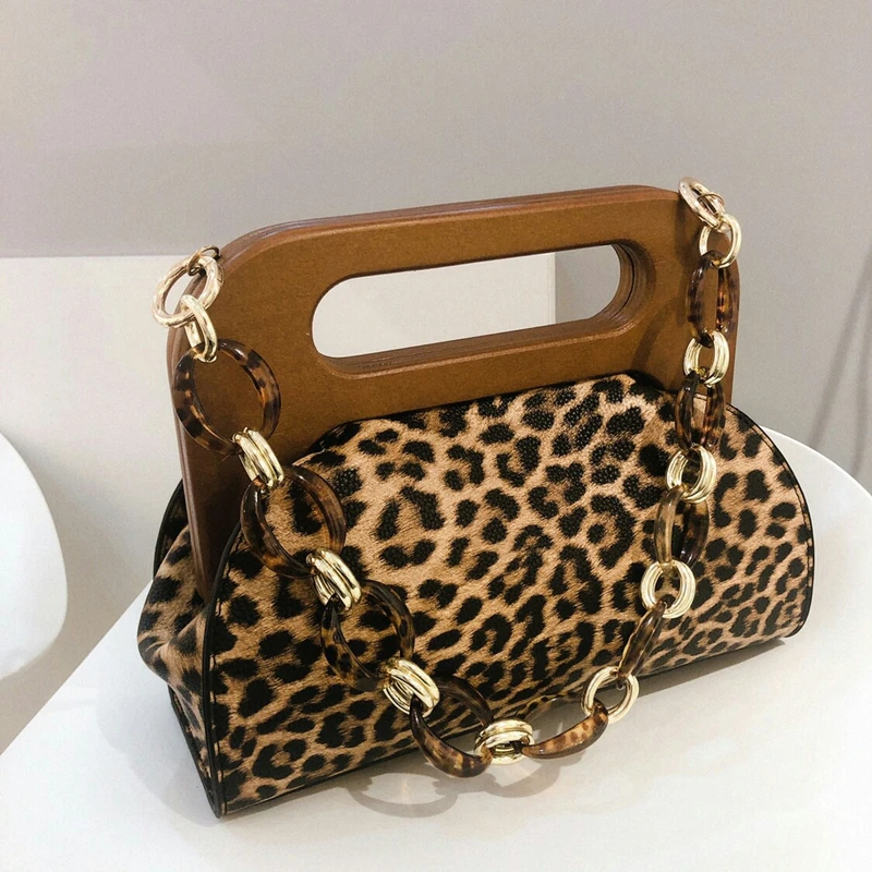 

Ladies Leather Leopard Pillow Bags 2021 Winter New Wood Clip Chain Bag Female's Purses and Handbags Sacos De Mujer De Vestir Gg