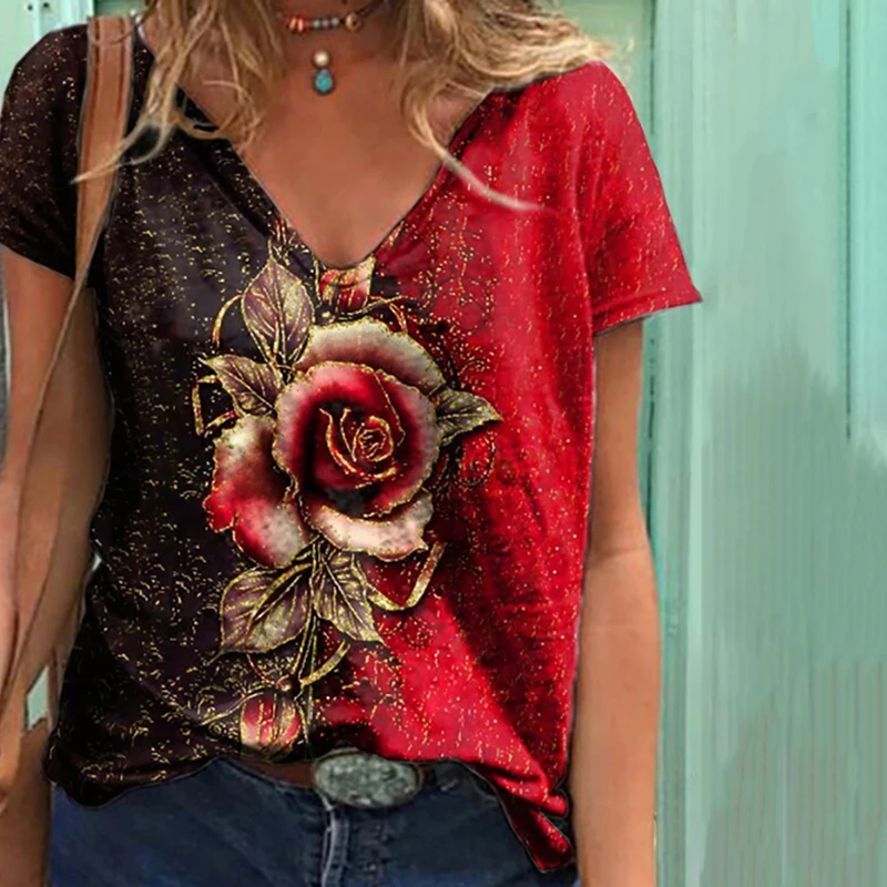 

2021 Women Fashion Casual V Neck T shirts Tee Tops 3XL Oversize Tee-Shirt Floral Print Short Sleeve Casual T-shirt