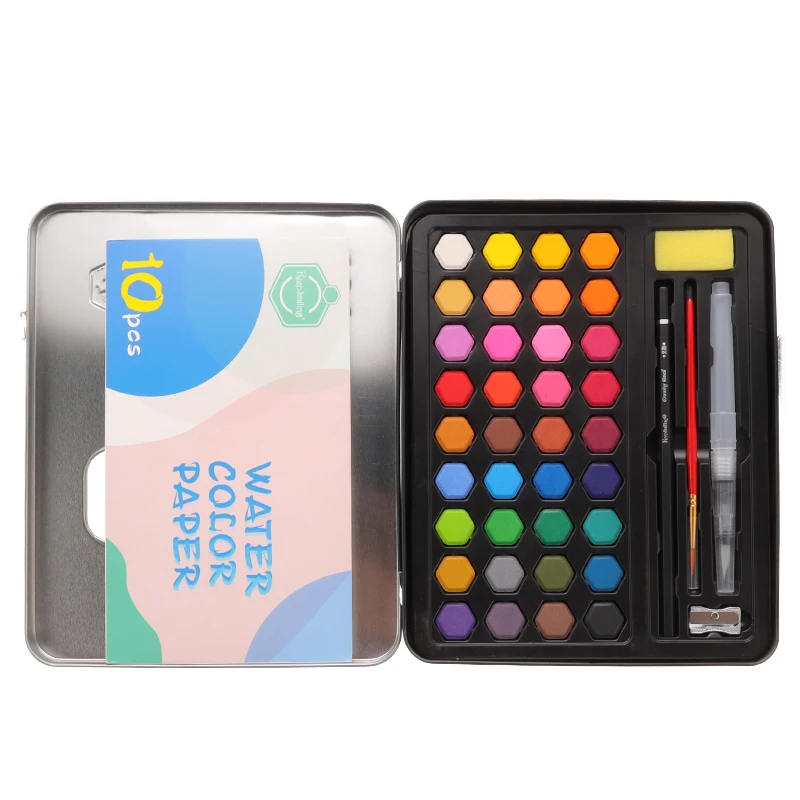 Набор акварельных красок 36 цветов 10 шт. бумаги для рисования + Акварельная кисть