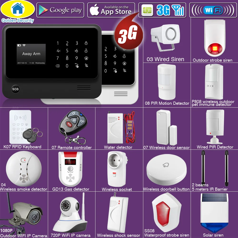 Золотой безопасности DIY wifi 3g GSM GPRS беспроводное приложение дистанционное управление домашняя система охранной сигнализации 1080P HD камера EN RU ES PL DE Voice