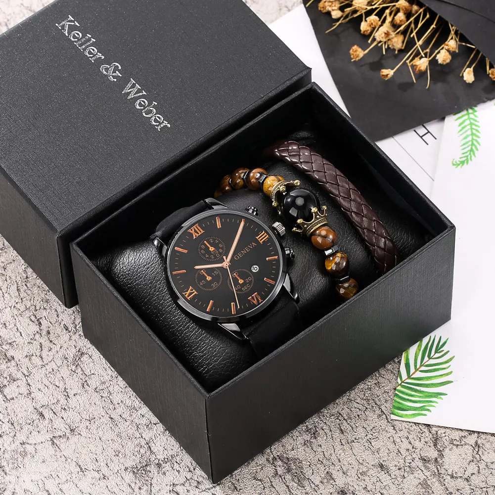 Мужские часы и браслет Keller & Weber модные наручные кожаный ремешок кварцевые