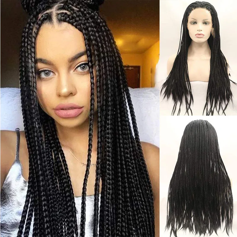 Black Braided Wigs for Black Women Long Synthetic Lace Front Wigs with Baby Hair Long Black Micro Box Braid Glueless Hair Wigs