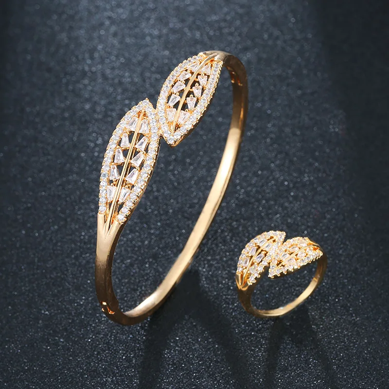 

HIBRIDE New Feather Leaves 2PC Bangle Ring Set Jewelry Set For Women Wedding Party Cubic Zircon aretes de mujer mode N-1861