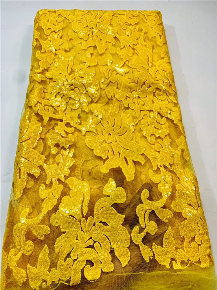 

Latest yellow African Sequin Lace Fabric Embroidery French Mesh Lace Fabric With Sequins Nigerian Tulle Lace For Party FYIN23