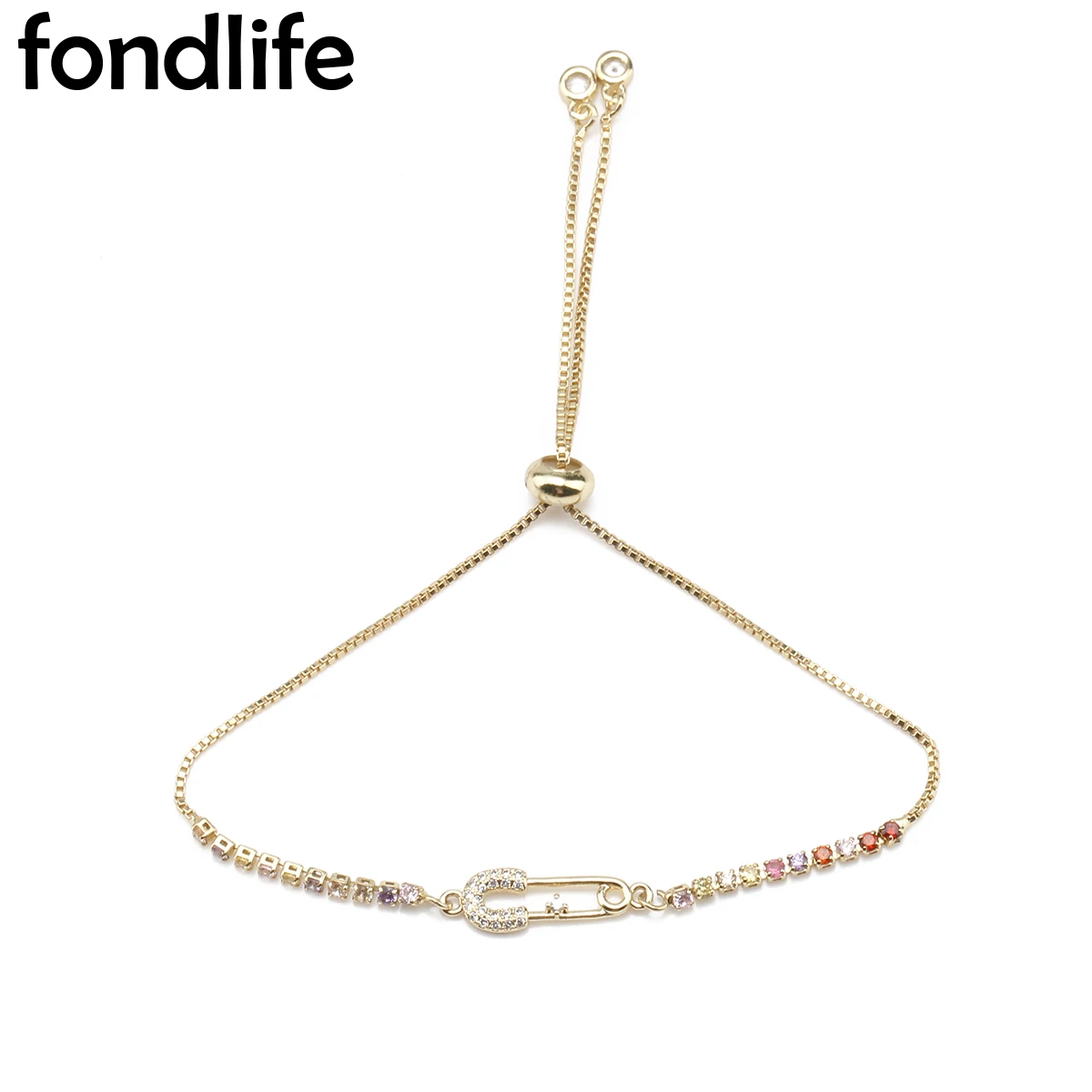 Cubic Zirconia Crystal Gold-plated Brass Safety Pin CZ Chain Adjustable Bracelet Women 2021 New Fashion Everyday Jewelry Gift