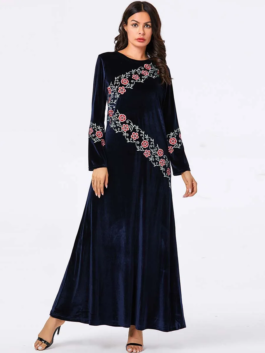 Женское бархатное платье трапеция с цветочной вышивкой|Мусульманская одежда| |