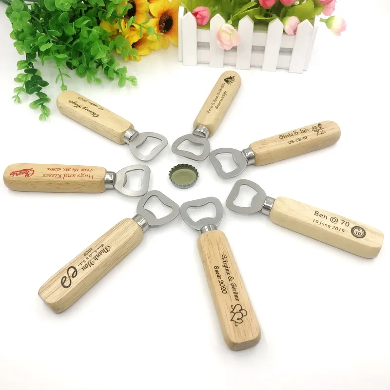 

150PCS Wood Handle Bottle Opener with Solid Stainless Steel Cap Opener Custom Printing LOGO Beer Openers Wedding Party Giveaways