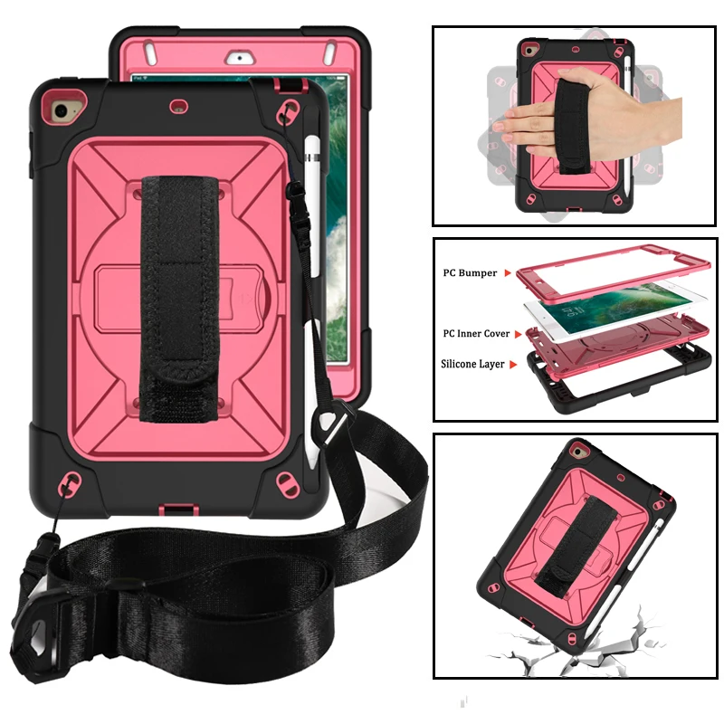 

Case for ipad Mini 5 7.9'' 2019 Heavy Duty Rugged Shockproof Cover Pencil Holder for ipad Mini 4 5 360 Rotating Hand Neck Strap