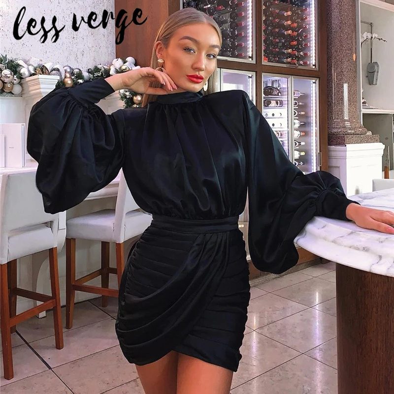Lessverge водолазка атласное шелковое черное платье с запахом 2019 женское элегантное