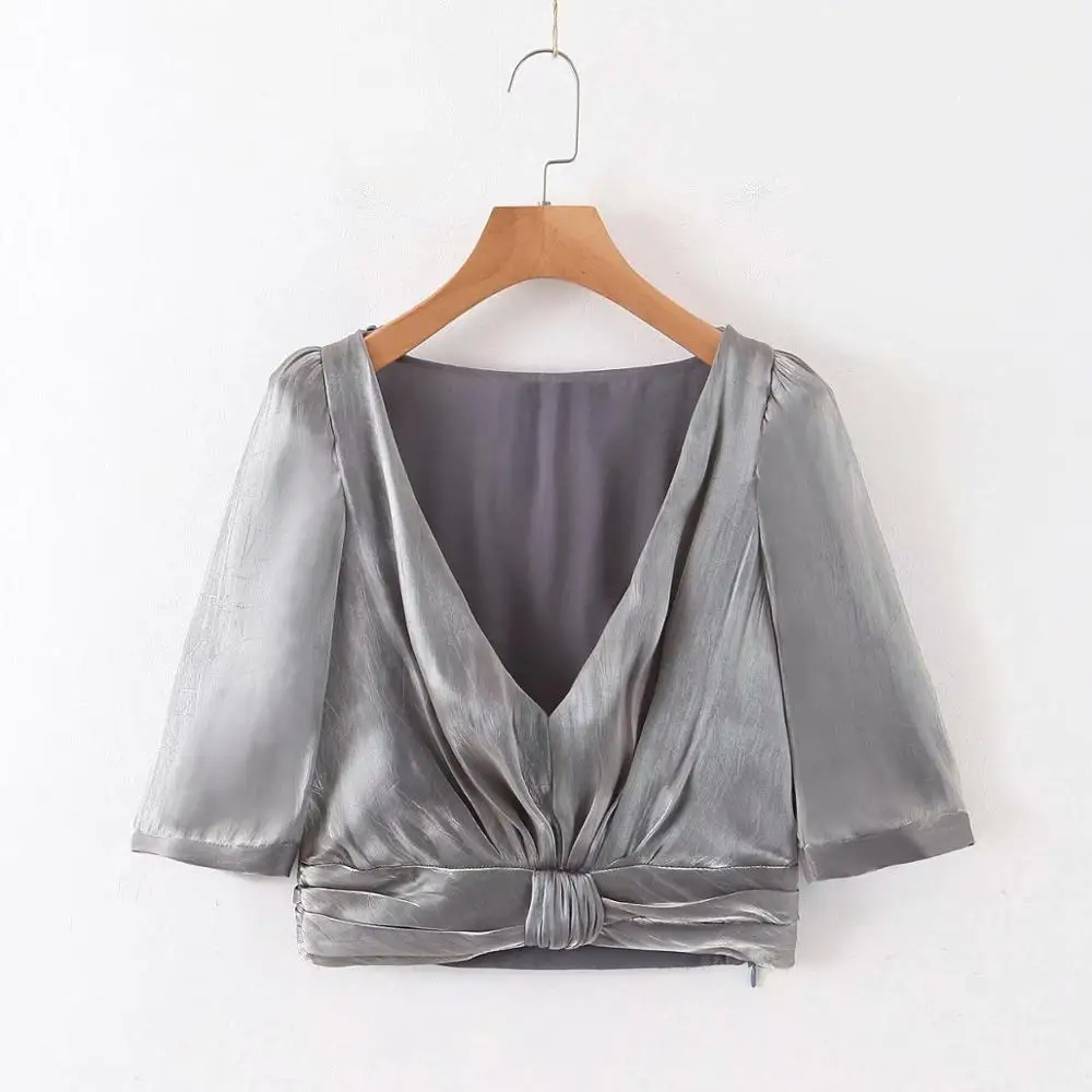 Новинка 2020 женская элегантная однотонная блестящая короткая блузка с v-образным