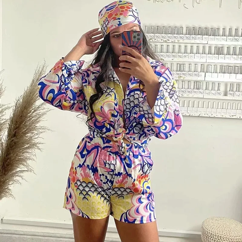 

Klkxmyt Traf Vintage Floral Print Suit Women Shirt Shorts Sets Casual 2021 Summer Single Breasted Set Female Streetwear Outfit