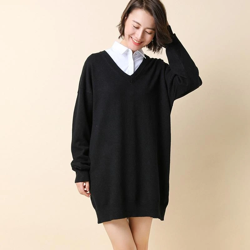 Black-012 Spring Autumn Winter New Women Lady Cashmere Wool Long Sweater Pullovers Solid V-Neck Casual Big Size Warm Wild Loose Fashion - Цвет: Black-012