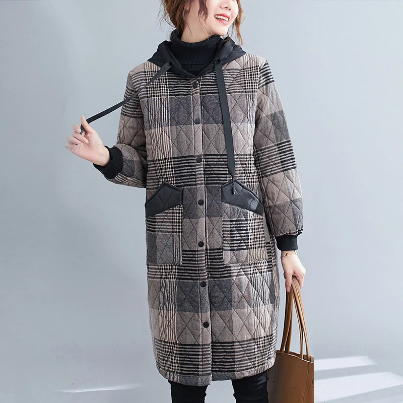 

Women Casual Plaid Hooded Parkas 2020 Winter Warm Korean Style Coats Pockets Thicken New Female Parkas Coat
