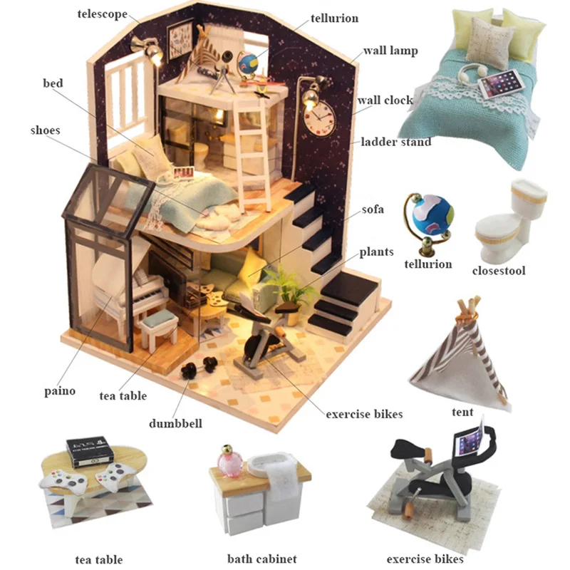 Doll House Loft Miniature Assemble Toys 3D Handmade Wooden Mini Dollhouse Toy with Furniture Led Lights for Kids Birthday Gift |