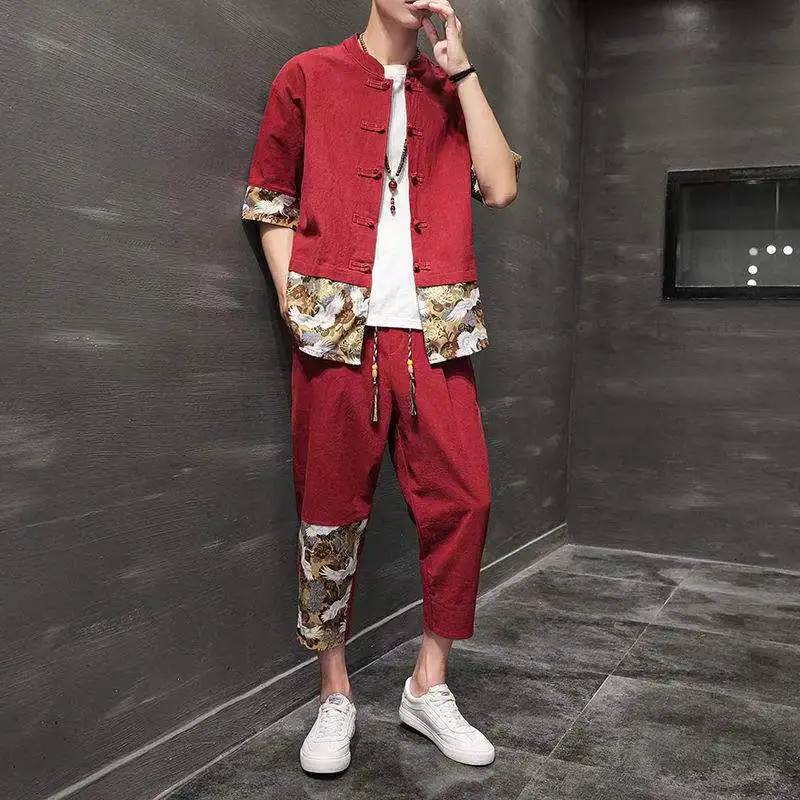 

Summer menswear disc buckle printing stitching Tang suit 2-piece cotton and linen Chinese suit Hanfu trend