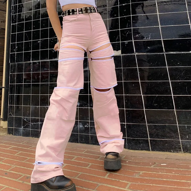 

MyErato High Waist Solid Color Zipper Detachable Casual Trousers Women Black Green Pink Pants Y2k Clothing Harajuku Streetwear