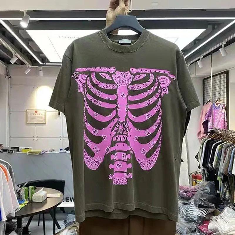 

KAPITAL T-shirt Vintage Heavy Fabric Tops Men Women Best Quality Cashew Flower Skeleton Printing Short Sleeve Summner Tshirts
