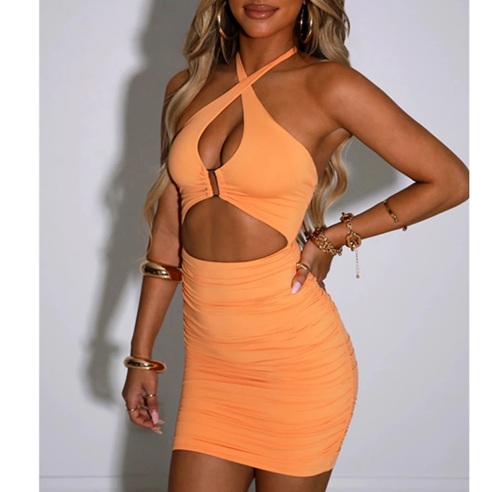 

Summer Sexy Ruched Vestidos Ladies Sleeveless Cross Halter Backless Suspender Bodycon Dress Women Cutout High Waist Party Club