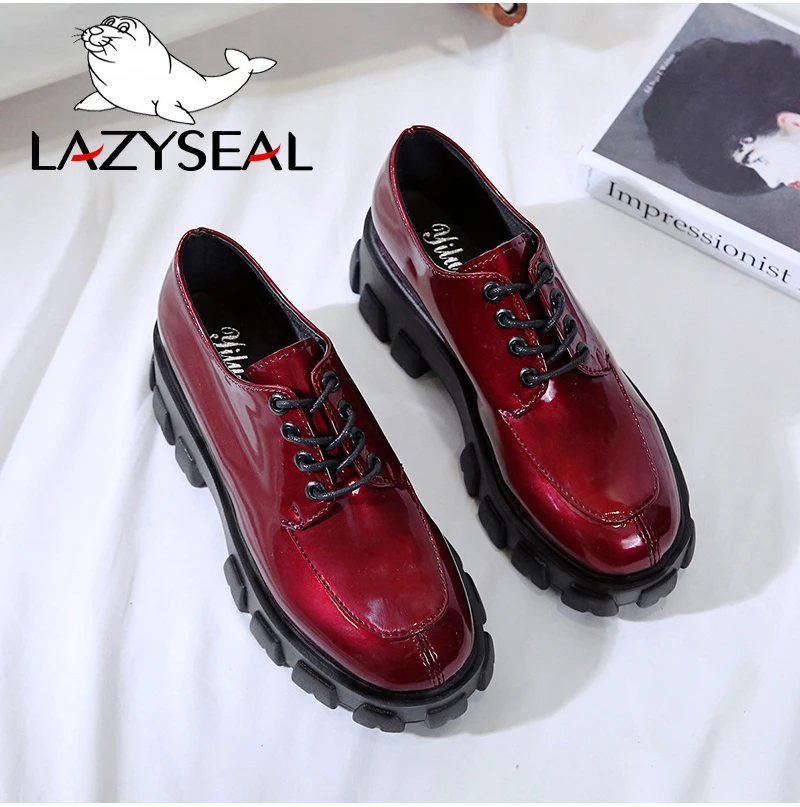 LazySeal обувь из лакированной кожи на платформе; женская обувь на шнуровке; обувь с круглым носком на толстой подошве; повседневная женская обувь; zapatos mujer