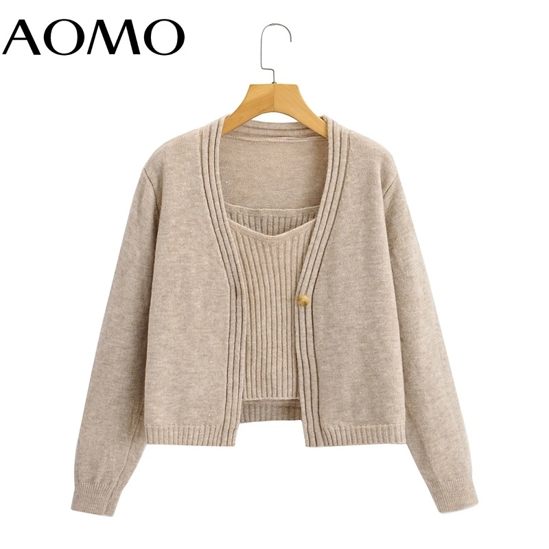 

Женский укороченный вязаный кардиган AOMO, свитер-джемпер из 2 предметов на осень и зиму 1F397A, 2021