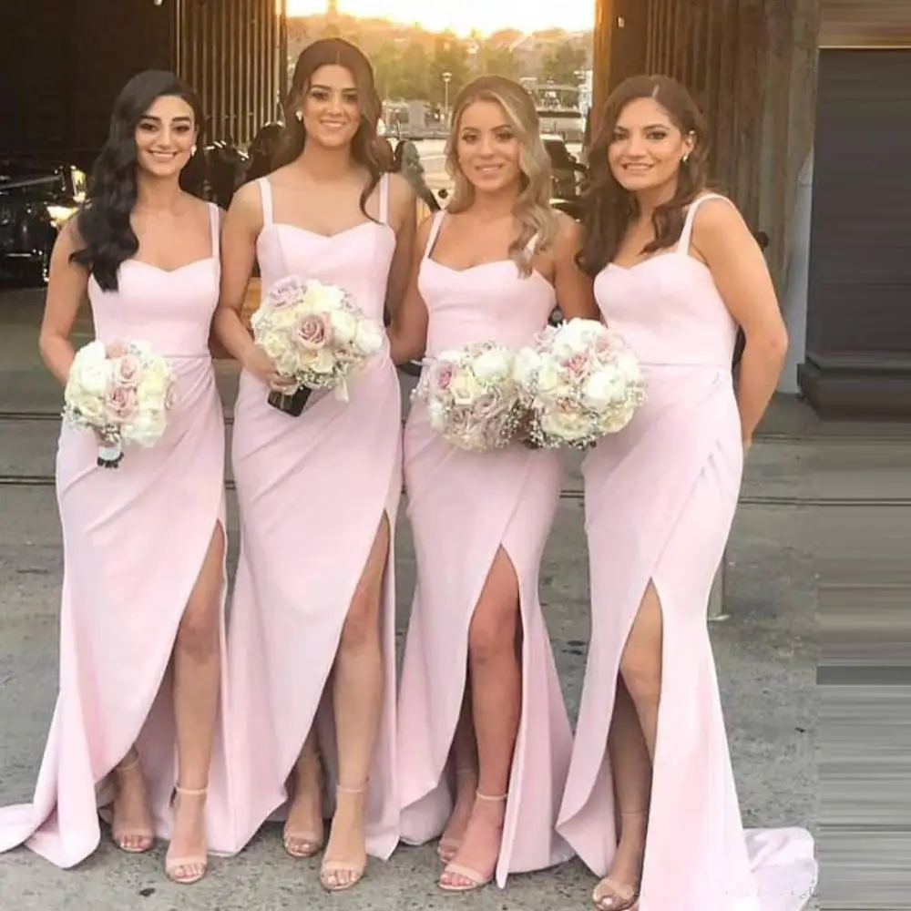 

2020 vestido rosa Classic Pink Bridesmaid Dresses Spaghetti Straps Front Split Sweetheart Mermaid Floor Length Bridal Guest Wear