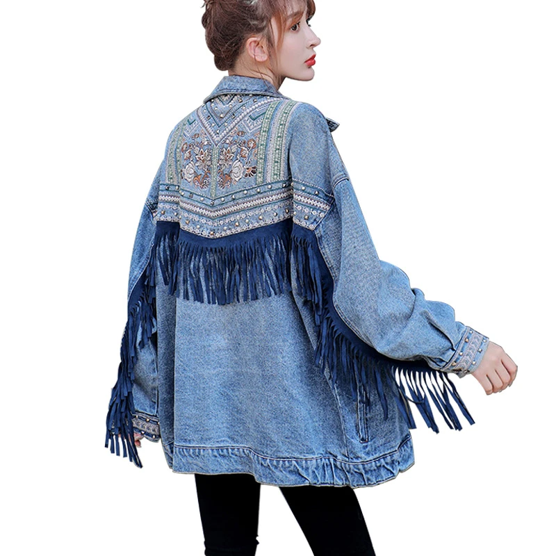

Plus Size Women High Quality Loose Rivet Denim Jacket Coat Embroidery Tassels Streetwear Vintage Jeans Coat Harajuku Tops