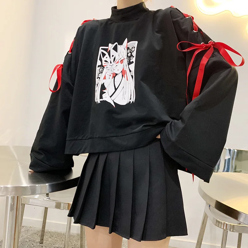 Японский мультфильм лиса девушка печати балахон Harajuku для женщин Готический ленты на шнуровке с расклешенными рукавами Kawaii плюс бархат пуловер Толстовка