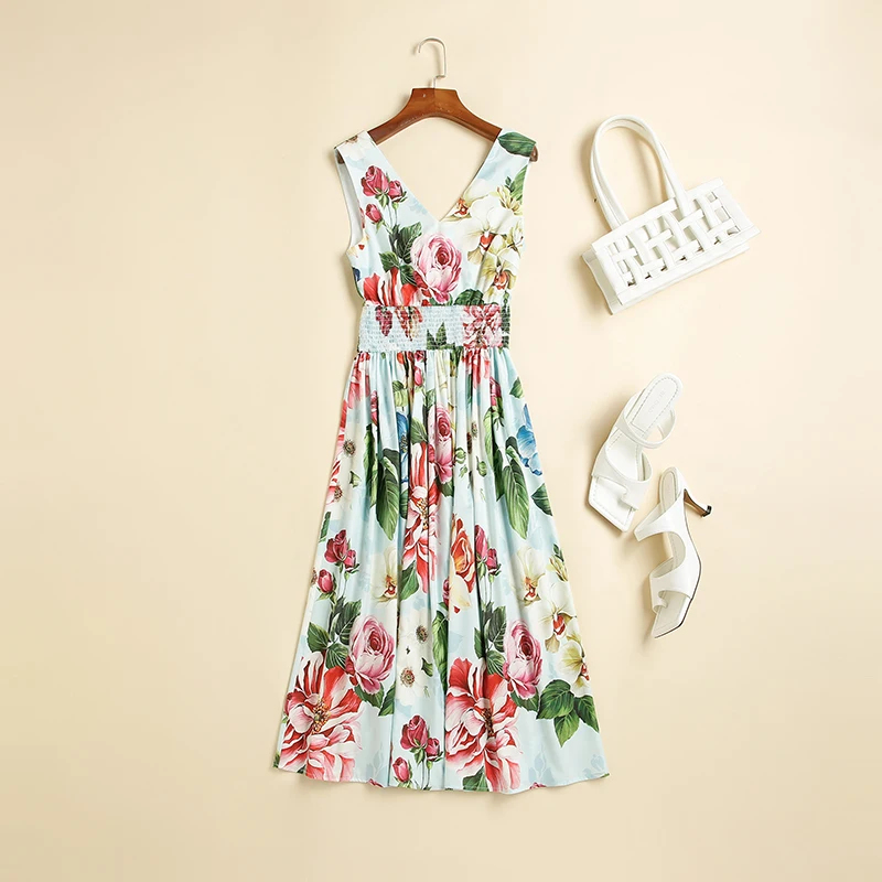 

Summer Designer Resort Dresses Women's Sleeveless V-neck Fancy Flower Print Elastic Waist Knee Length Tank Dress