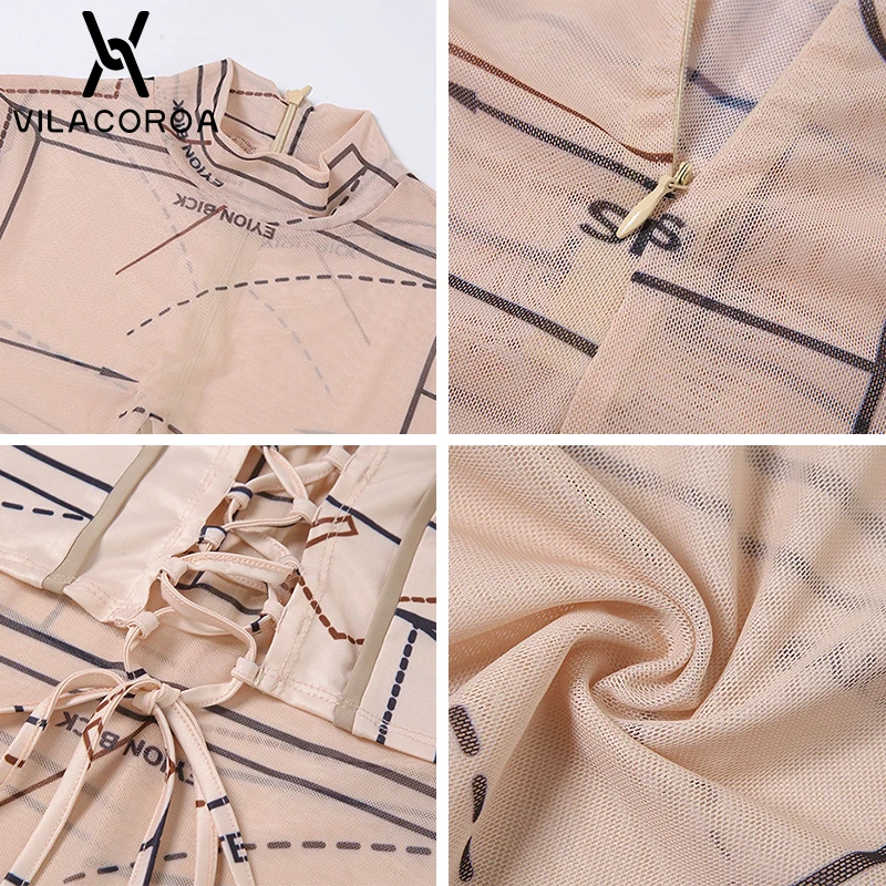 

High-Necked Long-Sleeved Letters Printed Women Playsuits Mesh Sexy See-Through Lace-Up Jumpsuit Street Skinny Female Clothes