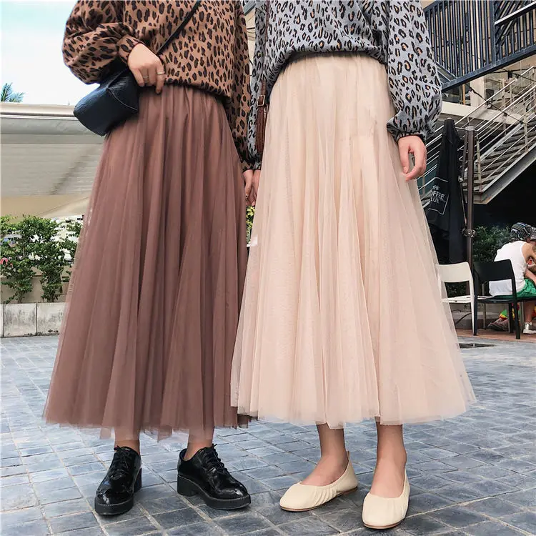 

Women Lady 3-layer Tulle Mesh Skirt Solid Color Elastic High Waist Layers Pleated Maxi Long Skirt
