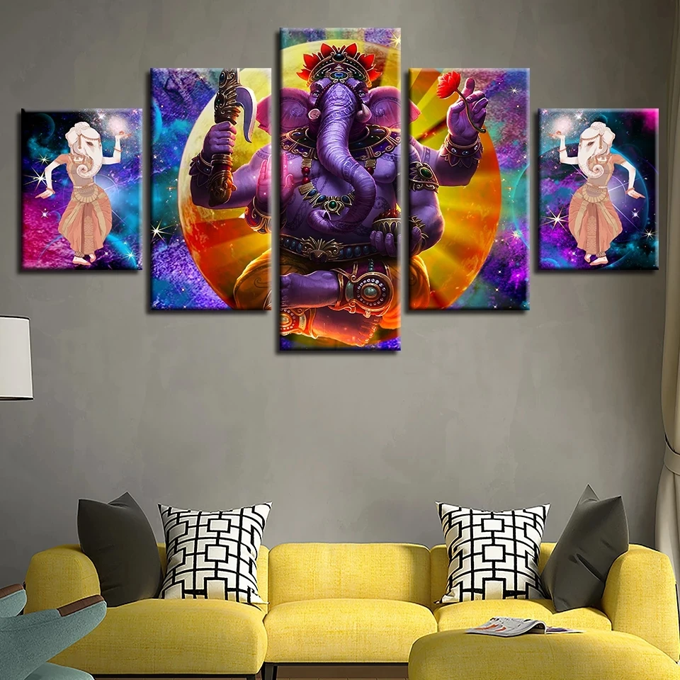 

Modern Wall Art Frame Modular Poster Picture 5 Pieces Elephant Trunk God Ganesha Canvas Painting HD Print Home Decor Living Room