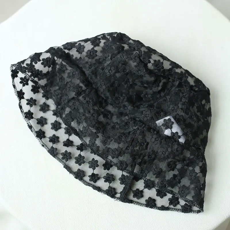 Johnature 2021 New Mystery Lace Embroidery Fluoroscopy Bucket Hat Korean Fashion All Match Solid Color Mech Women Hats