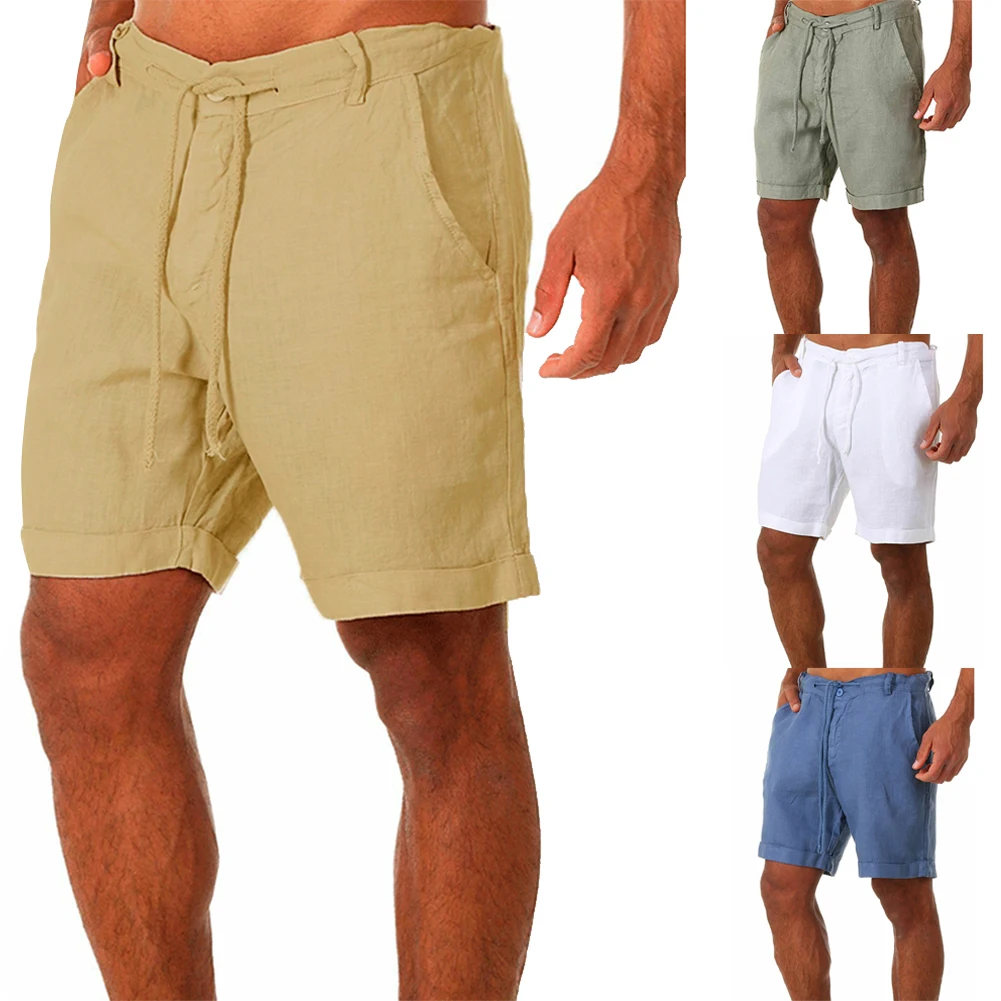 

Шорты мужские на шнуровке, брендовые модные однотонные повседневные Бермуды, хлопково-льняные штаны с эластичным поясом и карманами, на лет...