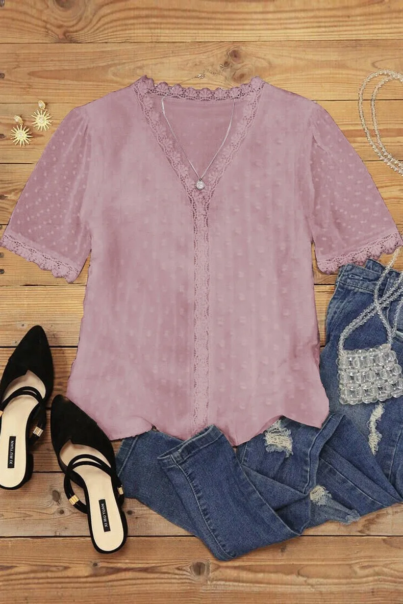 

Women's Blouses Summer Shirts Female Hollow Out Lace See Througn Deep V Short Sleeve Loose Tops For Women Shirt Blusas Y Camisas