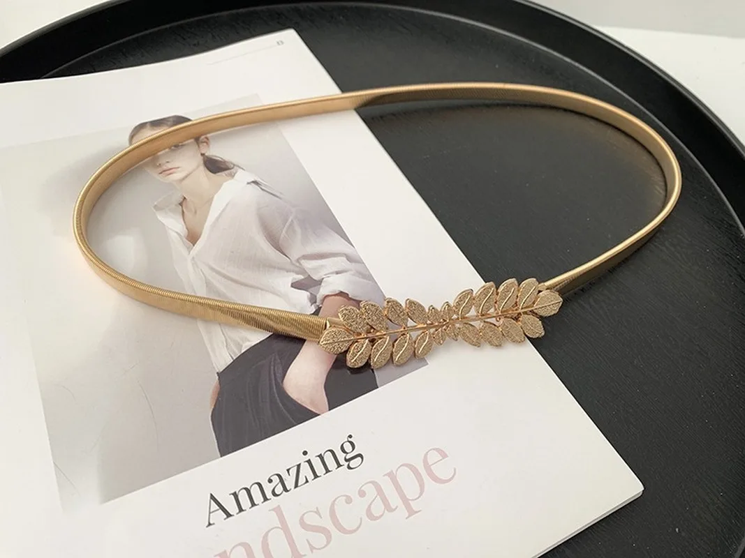 Ремень женский тонкий с металлической пряжкой в виде листьев европейском и