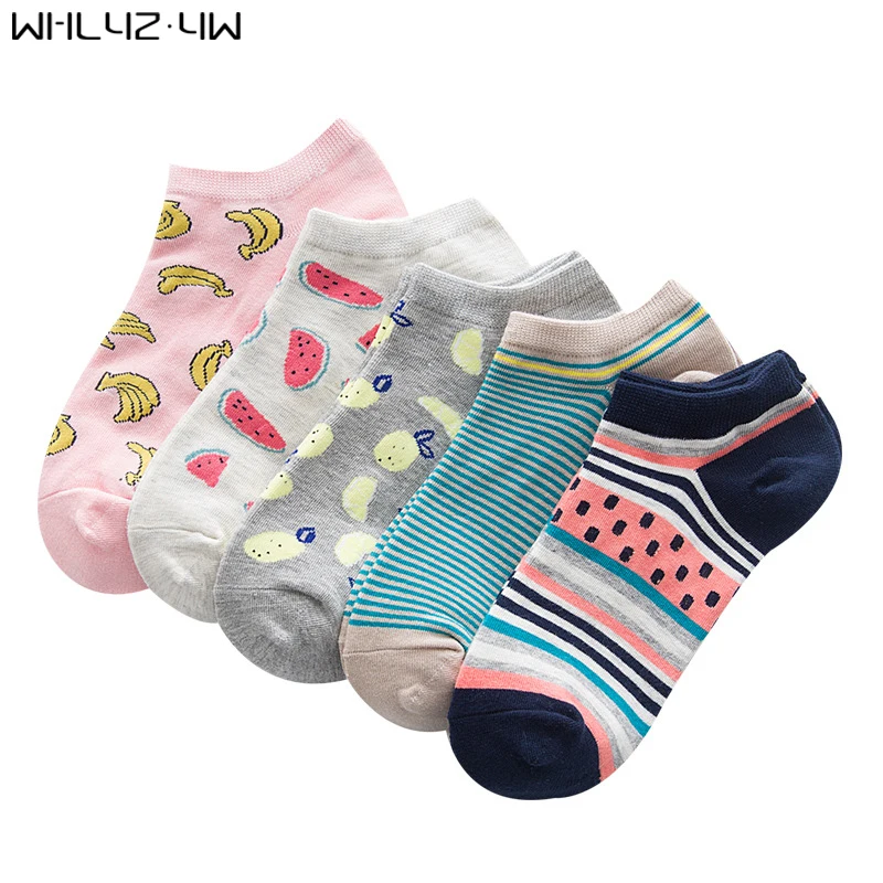 

5 Pairs Novelty Harajuku Boat Socks Woman Cotton Watermelon Banana Lemon Colorful Non-Slip Girl Ankle No Show Socks Good Quality
