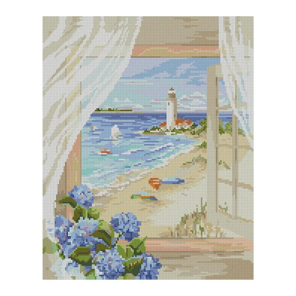 

Beach and Sea Scenery Outside the Window Diamond Painting Round Full Drill DIY Mosaic Embroidery 5D Cross Stitch Scenic Picture